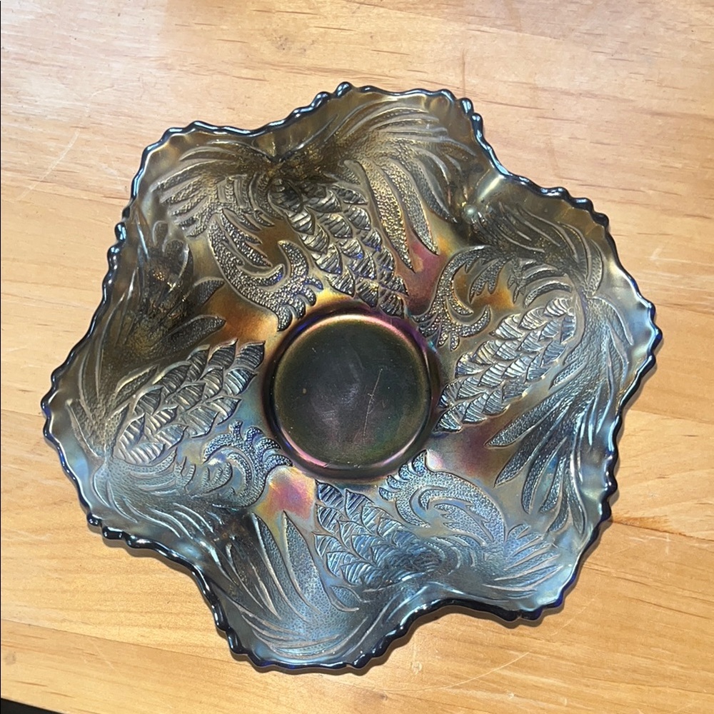 Fenton Pinecone Ruffled Bowl vintage cobalt carnival glass 6” diameter